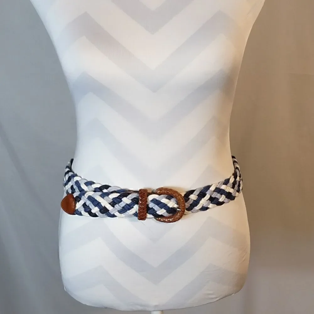 Blue & White Braided Belt With Leather Trim